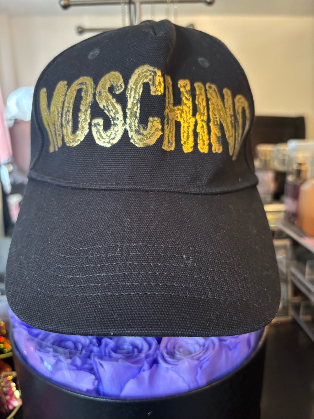 Authentic Moschino Black Cap with Gold Lettering